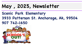 Schools out graphic with May 2025 Newlsetter title